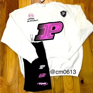 VS PINK RACING OUTFIT CREWNECK WHITE PULLOVER SWEATSHIRT AND BLACK SHORTS SET